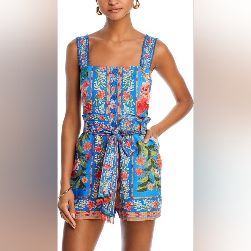 Farm Rio Stitched Garden Blue Romper, Large
